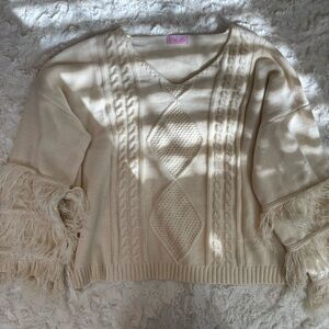 Pink Lily Beige V-Neck Sweater with Fringe